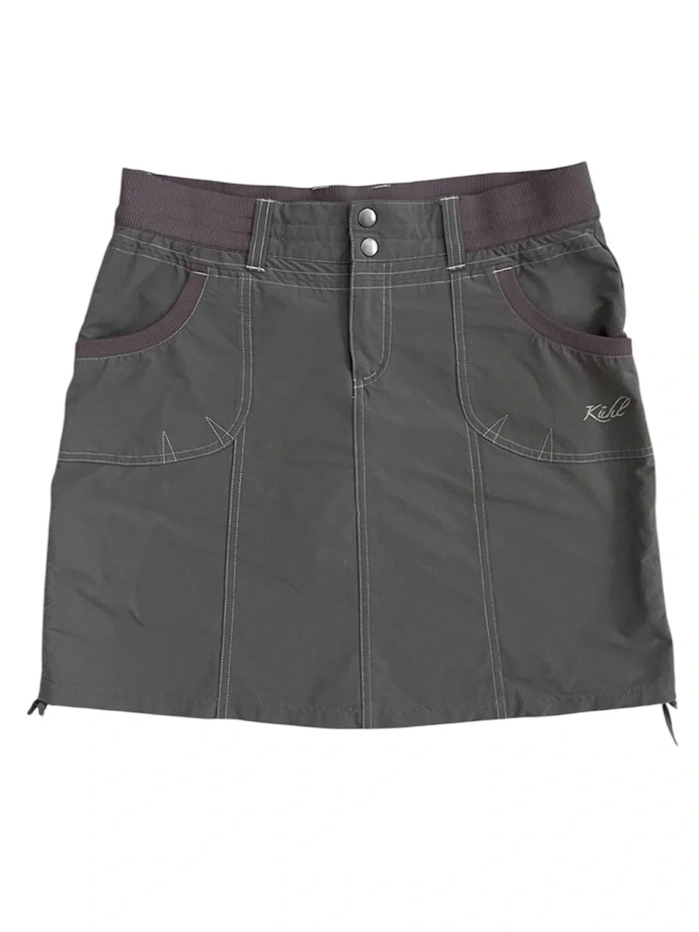 KUHL Women’s Durango Skirt Skort Shorts Gray Green Size 10 Hiking Pockets Ruched